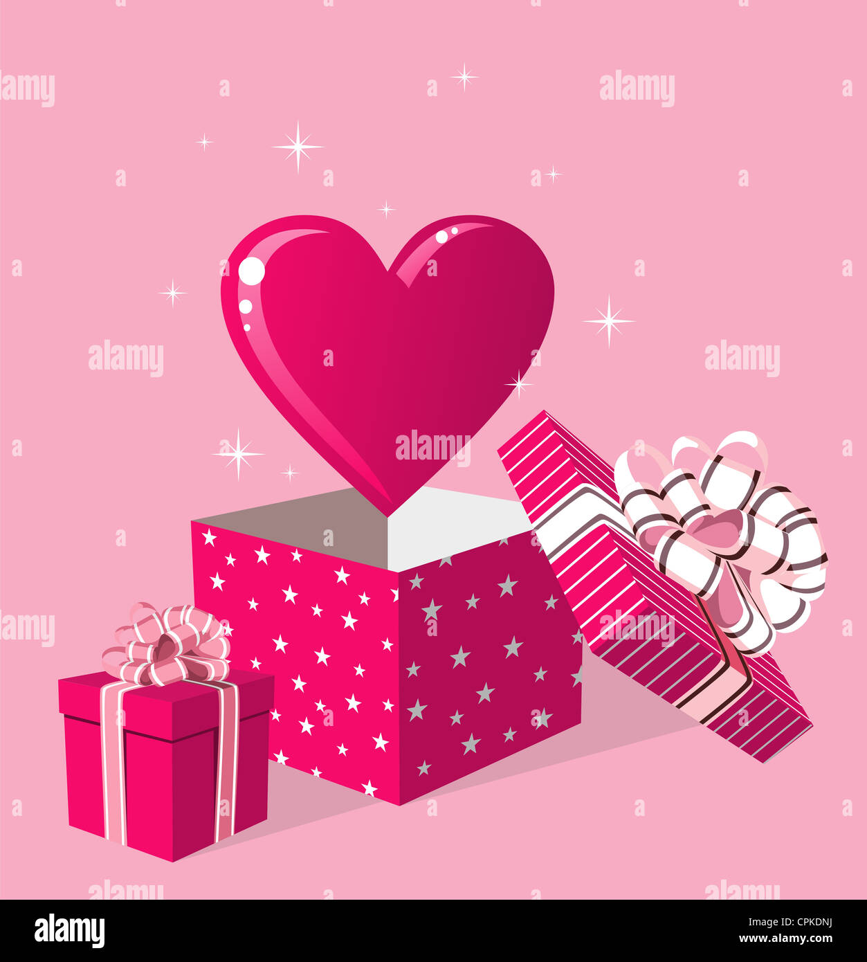 Happy day greeting card. Sorpresa cuore amore in confezione regalo su sfondo rosa. File vettoriale disponibile. Foto Stock