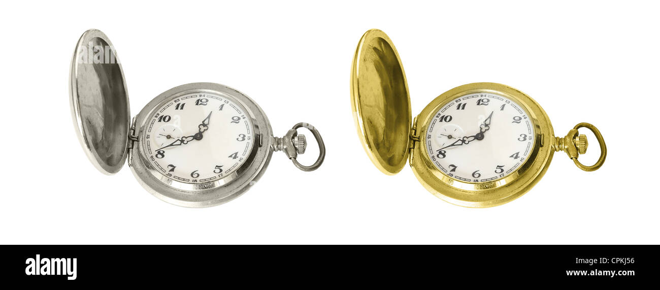 Due vecchio stile di orologi da tasca - argento e oro, isolato Foto Stock