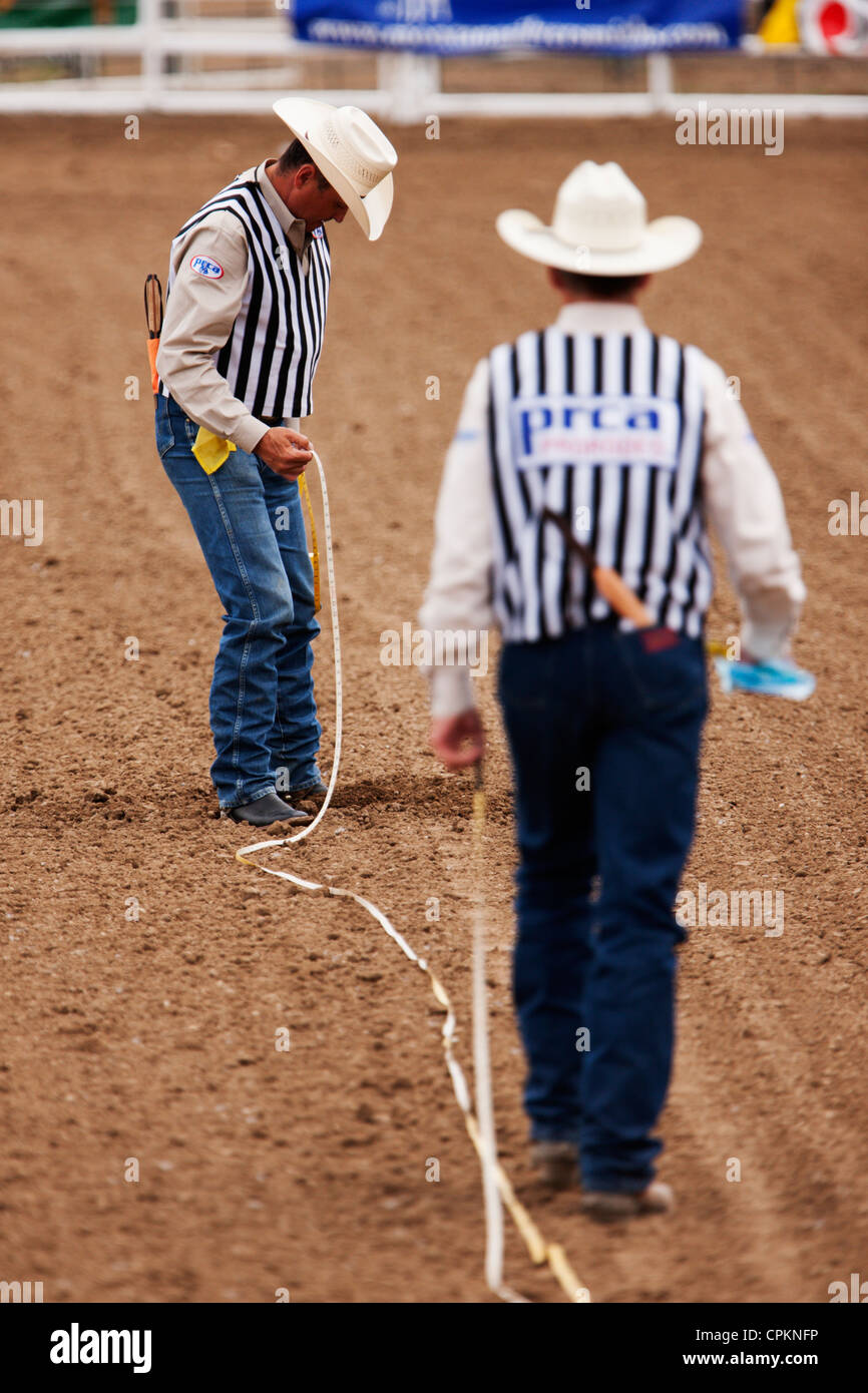 Rodeo funzionari utilizzare un nastro di misurazione prima dell'inizio del novantesimo annuale di Black Hills Roundup rodeo in Belle Fourche, South Dakota. Foto Stock