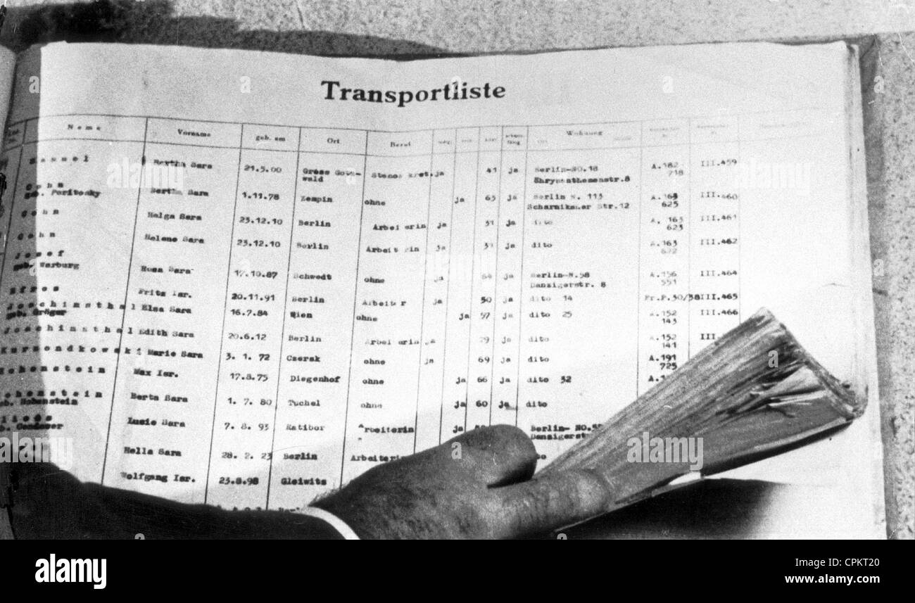 Elenco di trasporto che mostra i nomi degli ebrei per essere deportati nei campi di sterminio, 1941 (foto b/n) Foto Stock