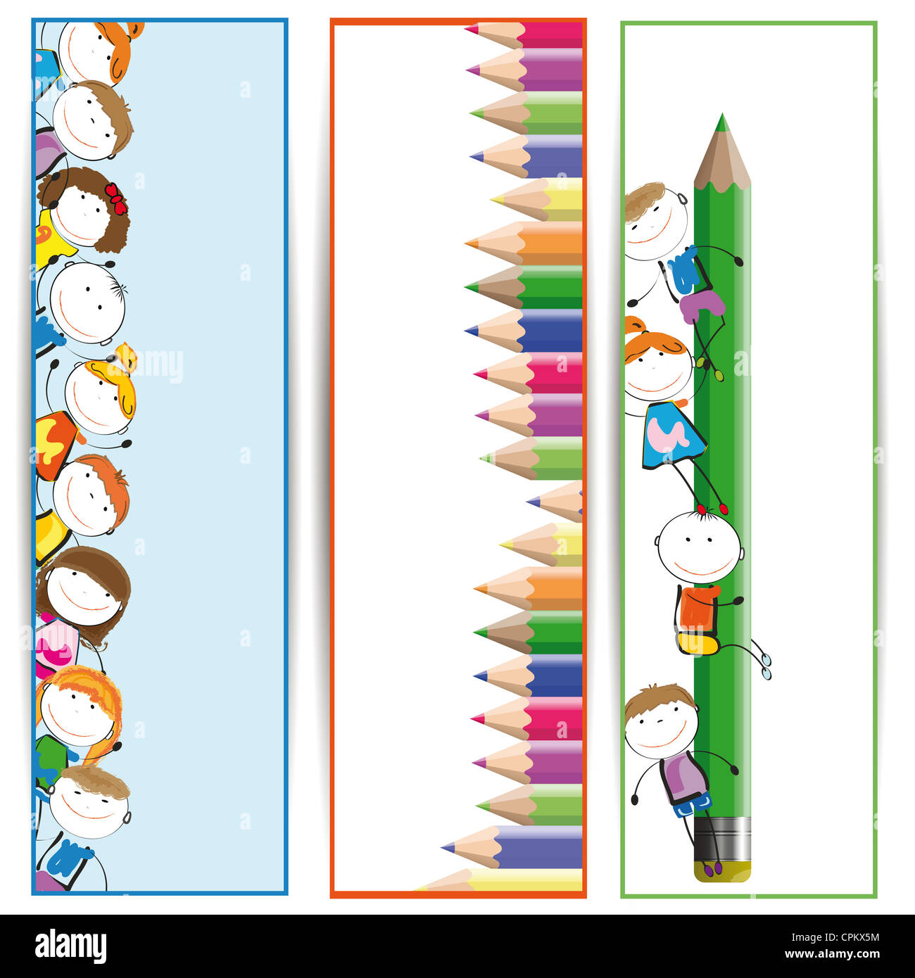 Contenti i bambini e banner colorati con matite colorate Foto stock - Alamy