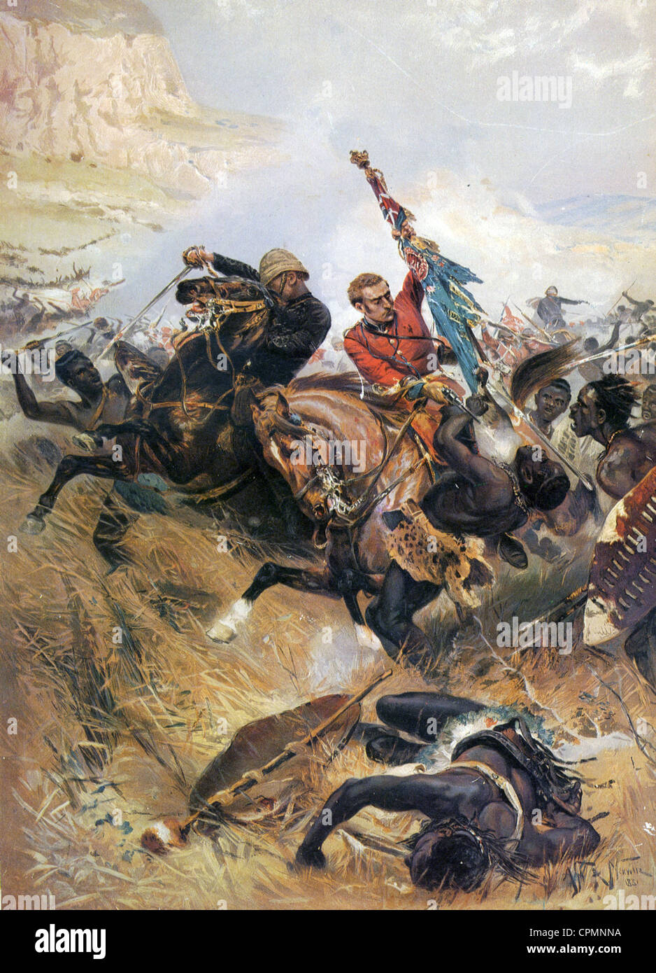 ISANDLWANA 22 gen 1879 dipinto da Alphonse de Neuville mostra Melvill (destra) e risparmio Coghill colori di 1st/XXIV Reggimento Foto Stock
