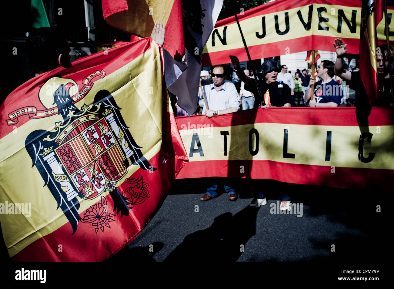 Estrema destra manifestazione a Madrid, Spagna, organizzata da La Falange, El Nudo Patriota Español, el Movimiento Catolico Español, Foto Stock