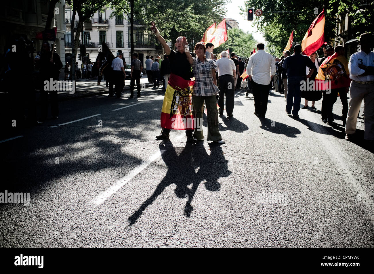 Estrema destra manifestazione a Madrid, Spagna, organizzata da La Falange, El Nudo Patriota Español, el Movimiento Catolico Español, Foto Stock