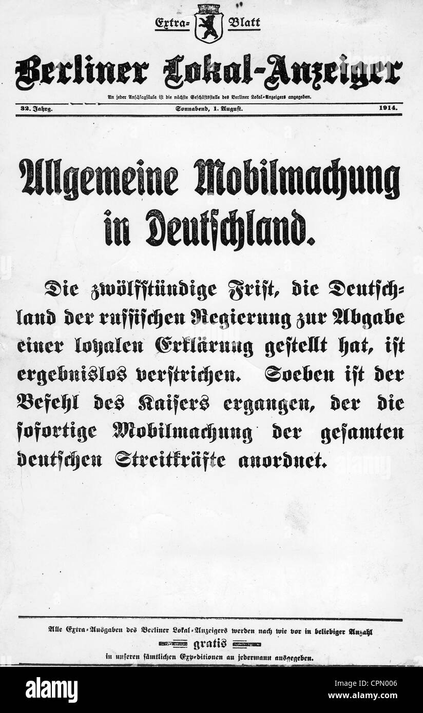 Offerte ufficiale per l'annuncio della mobilitazione nel 1914 Foto Stock