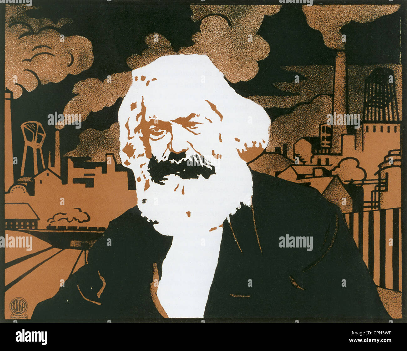 Karl Marx, 1818 - 1883, padre del marxismo, a mezza lunghezza, manifesto politico, Russia, circa 1920, Foto Stock