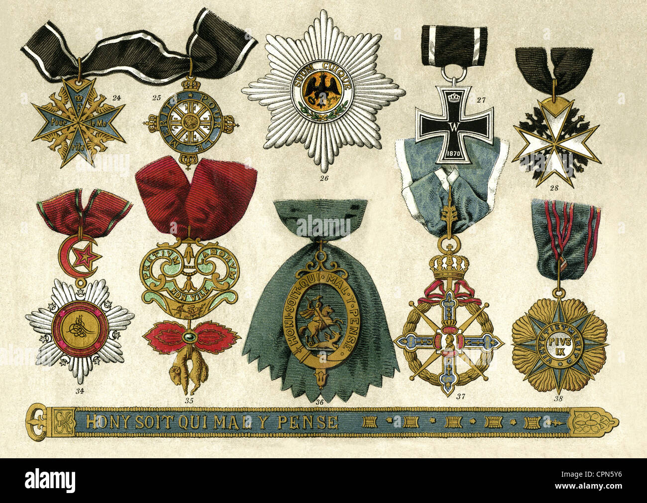 Decorazioni, medaglia numero 24 e 25: Pour le Merite per militari e civili, numero 26: Medaglia dell'aquila nera, numero 27: Croce di ferro, numero 28: Ordine di San Giovanni, numero 34: Ordine della Medjidie, numero 35: Ordine del vello d'oro, numero 36: Ordine del Garter, numero 38: Ordine di Pio IX, litografia, Germania, circa 1887, diritti aggiuntivi-clearences-non disponibile Foto Stock