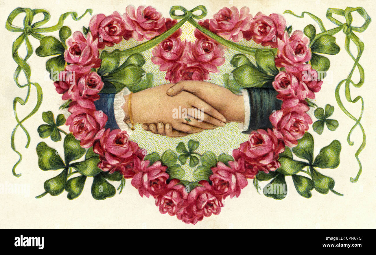 Simboli, sposi, matrimonio, mani agitanti dell'uomo e della donna, litografia, Germania, 1909, diritti aggiuntivi-clearences-non disponibili Foto Stock