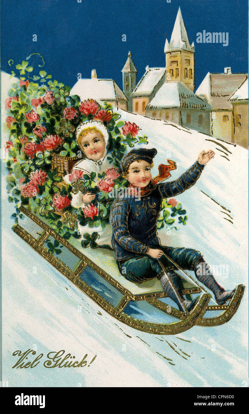Biglietti d'auguri, bambini su slitta, Germania, 1913, diritti-aggiuntivi-clearences-non disponibili Foto Stock