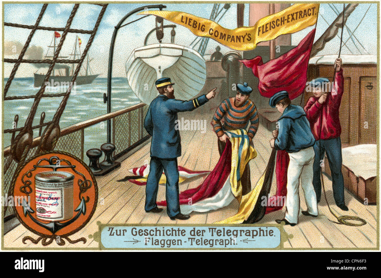 Trasporto, navigazione, segnali, telegrafo di bandiera, scambio di messaggi sulle navi , con dispositivo di bandiera, carta di raccolta Liebig, Germania, circa 1900, diritti aggiuntivi-clearences-non disponibile Foto Stock