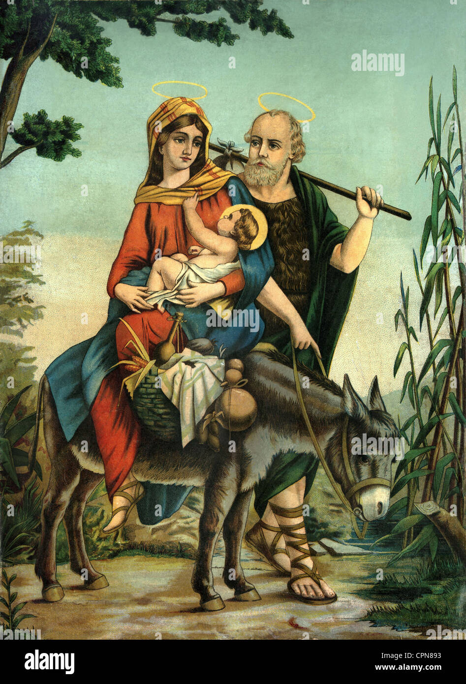 Religione, cristianesimo, Sacra Famiglia, fuga in Egitto, pittura murale religiosa, litografia, Germania, circa 1880, diritti aggiuntivi-clearences-non disponibile Foto Stock