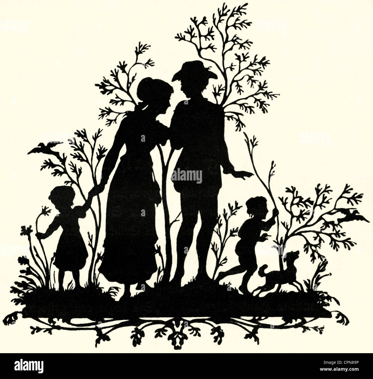 Kitsch/cards/souvenir, silhouette, famiglia durante la passeggiata domenicale, foto-rottami, Germania, 1887, diritti-aggiuntivi-clearences-non disponibile Foto Stock