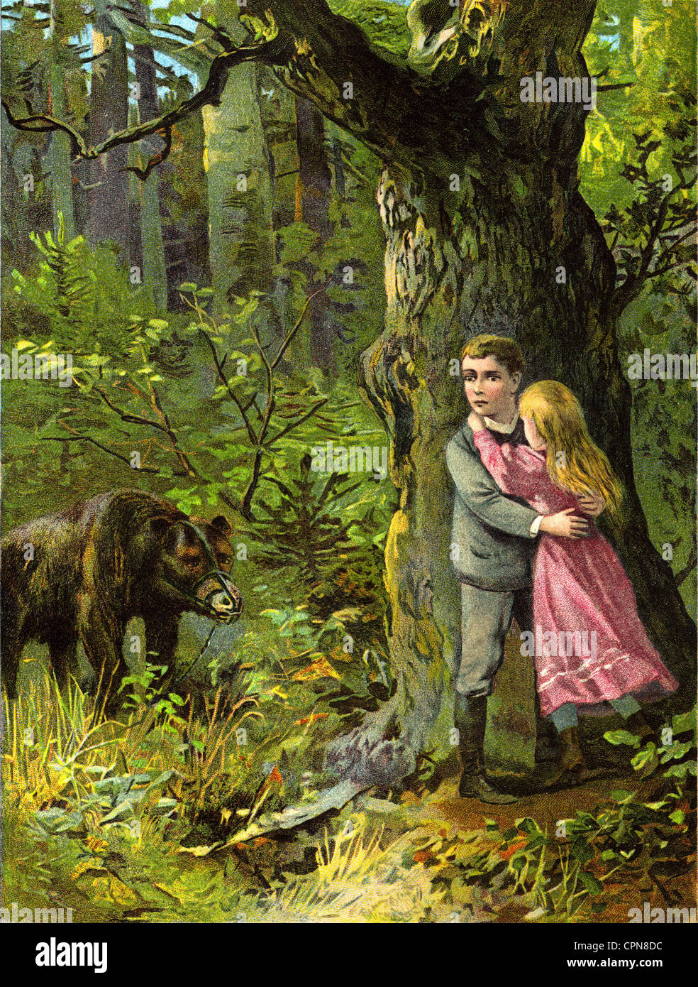 Persone, bambini, un ragazzo e una ragazza attaccati da un orso nella foresta, Germania, 1887, diritti aggiuntivi-clearences-non disponibile Foto Stock