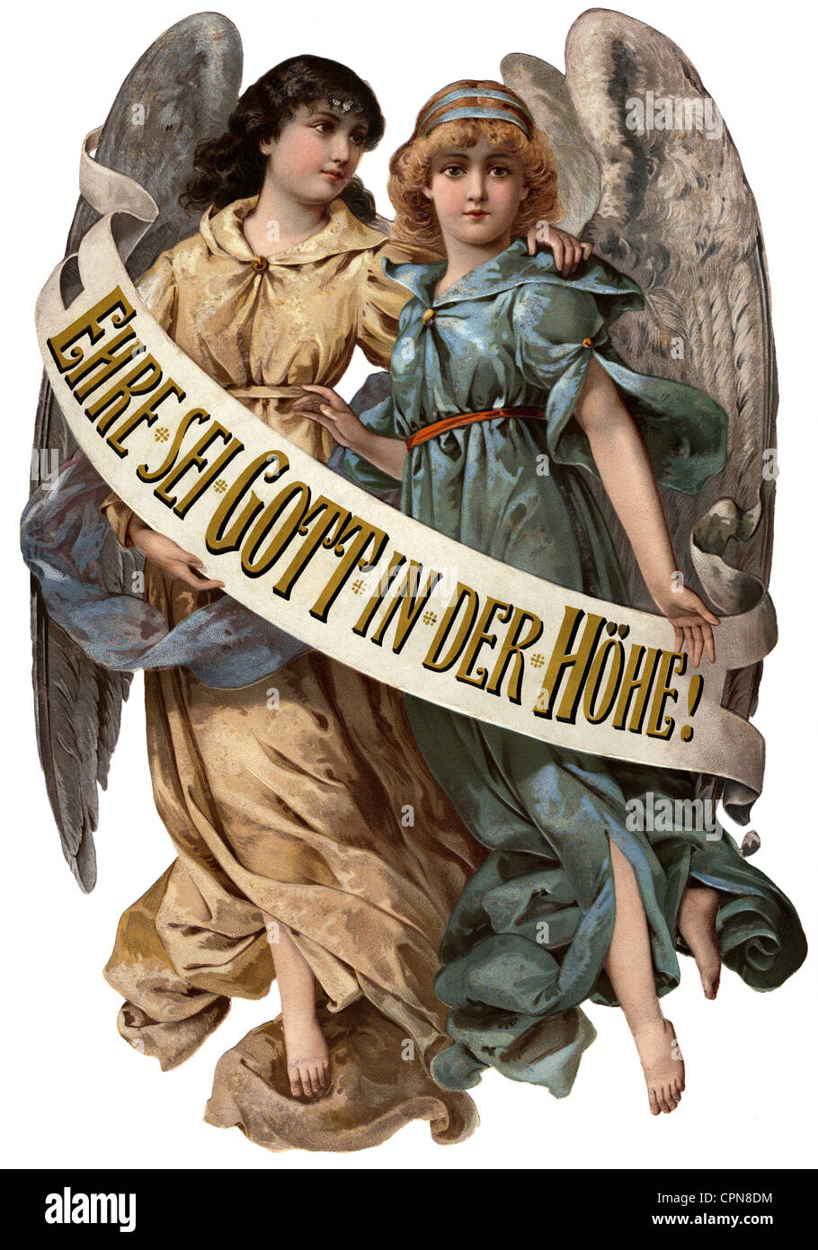 Natale, due angeli con bandiera, Ehre sei Gott in der Hoehe (Gloria a Dio nella più alta), Germania, circa 1898, Additional-Rights-Clearences-non disponibile Foto Stock