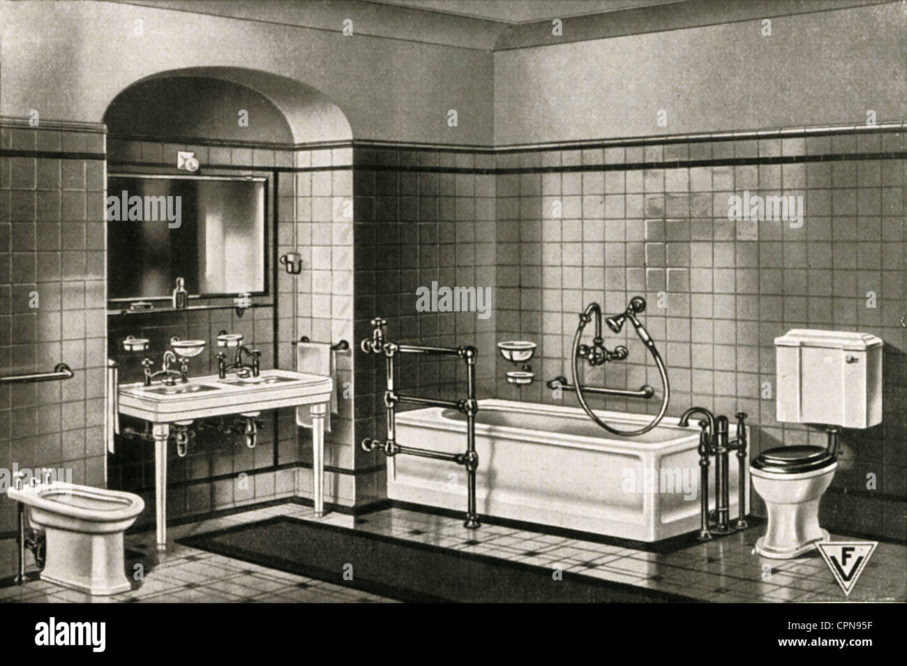 Arredamento, bagno, arredamento completo in una mostra campione, arredamento igienico di Robert Kutscher Company, Lipsia, Germania, circa 1925, diritti aggiuntivi-clearences-non disponibile Foto Stock