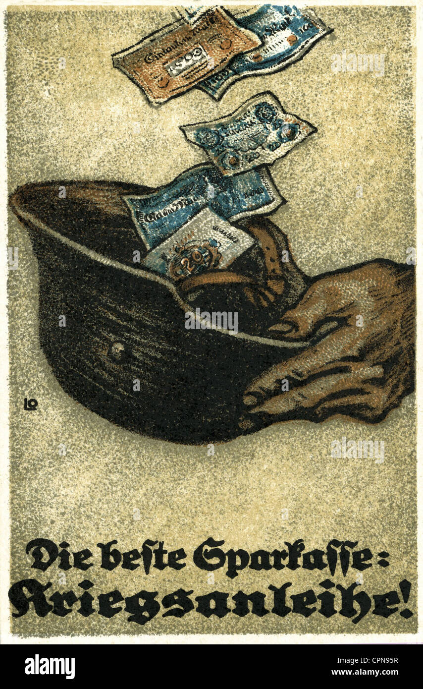 Prima guerra mondiale / WWI, la migliore banca di risparmio: War bond!, mano che raccoglie denaro con un casco in acciaio, la pubblicità per l'ottava guerra bond, Germania, aprile 1918, Additional-Rights-clearences-not available Foto Stock