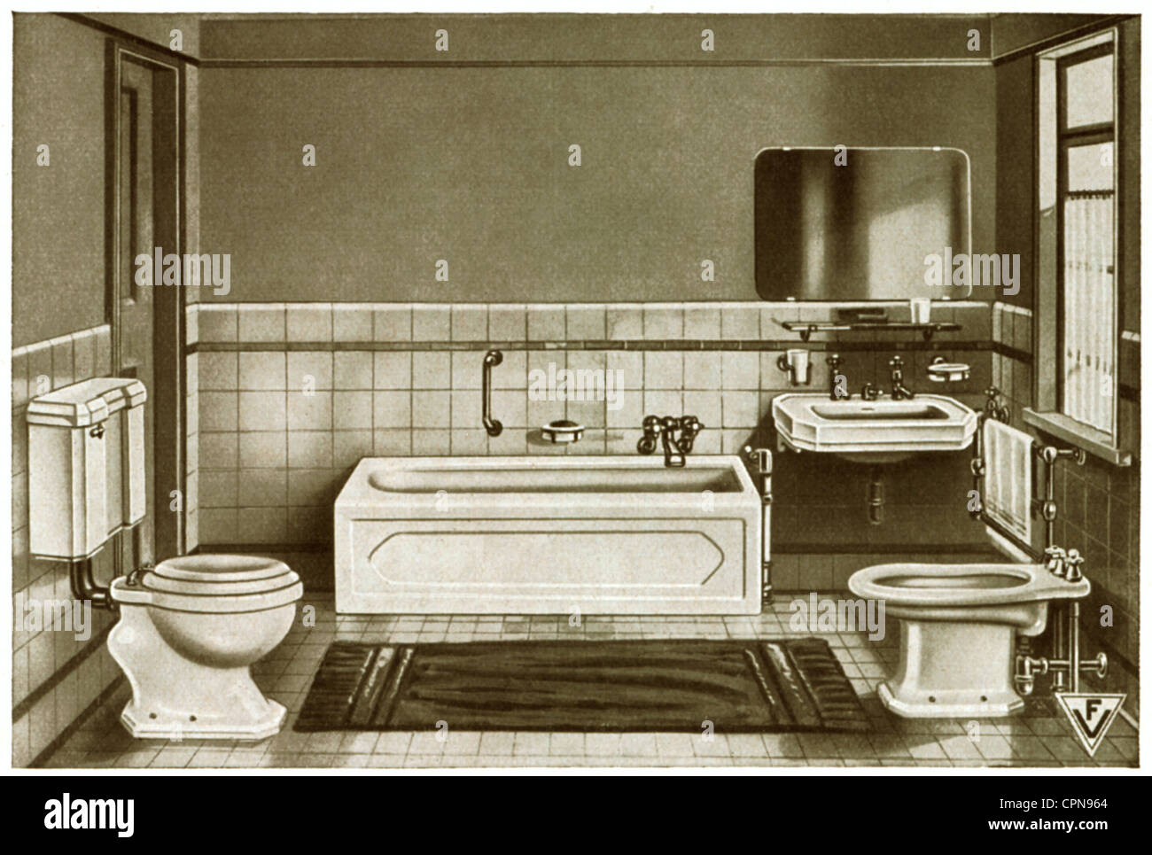 Arredamento, bagno, arredamento completo in una mostra campione, arredamento igienico di Robert Kutscher Company, Lipsia, Germania, circa 1925, diritti aggiuntivi-clearences-non disponibile Foto Stock
