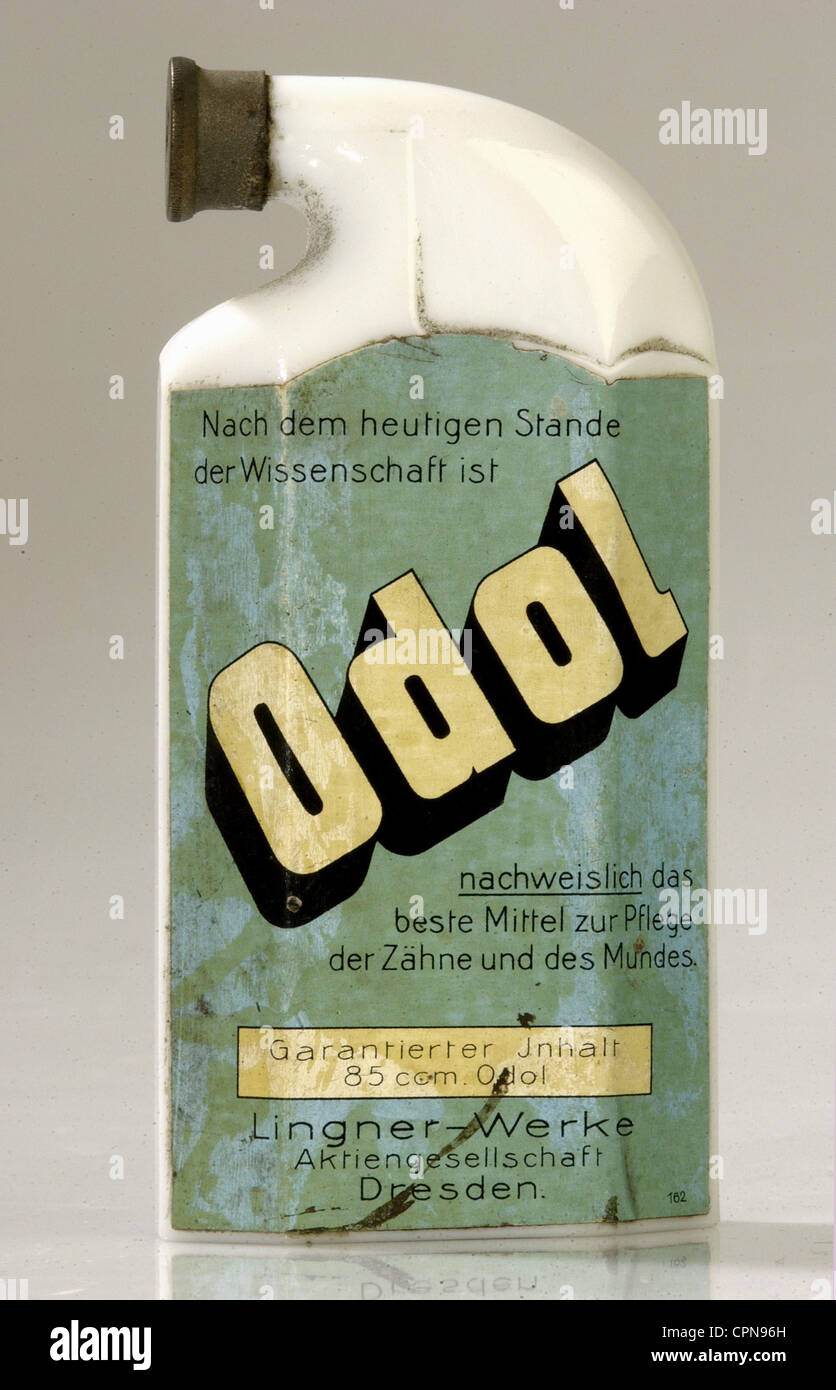 Cosmetici, bottiglia Odol, collutorio, realizzato da: Lingner-Werke stock Corporation, Dresda, slogan pubblicitario: Obverse, Germania, circa 1930, diritti aggiuntivi-clearences-not available Foto Stock