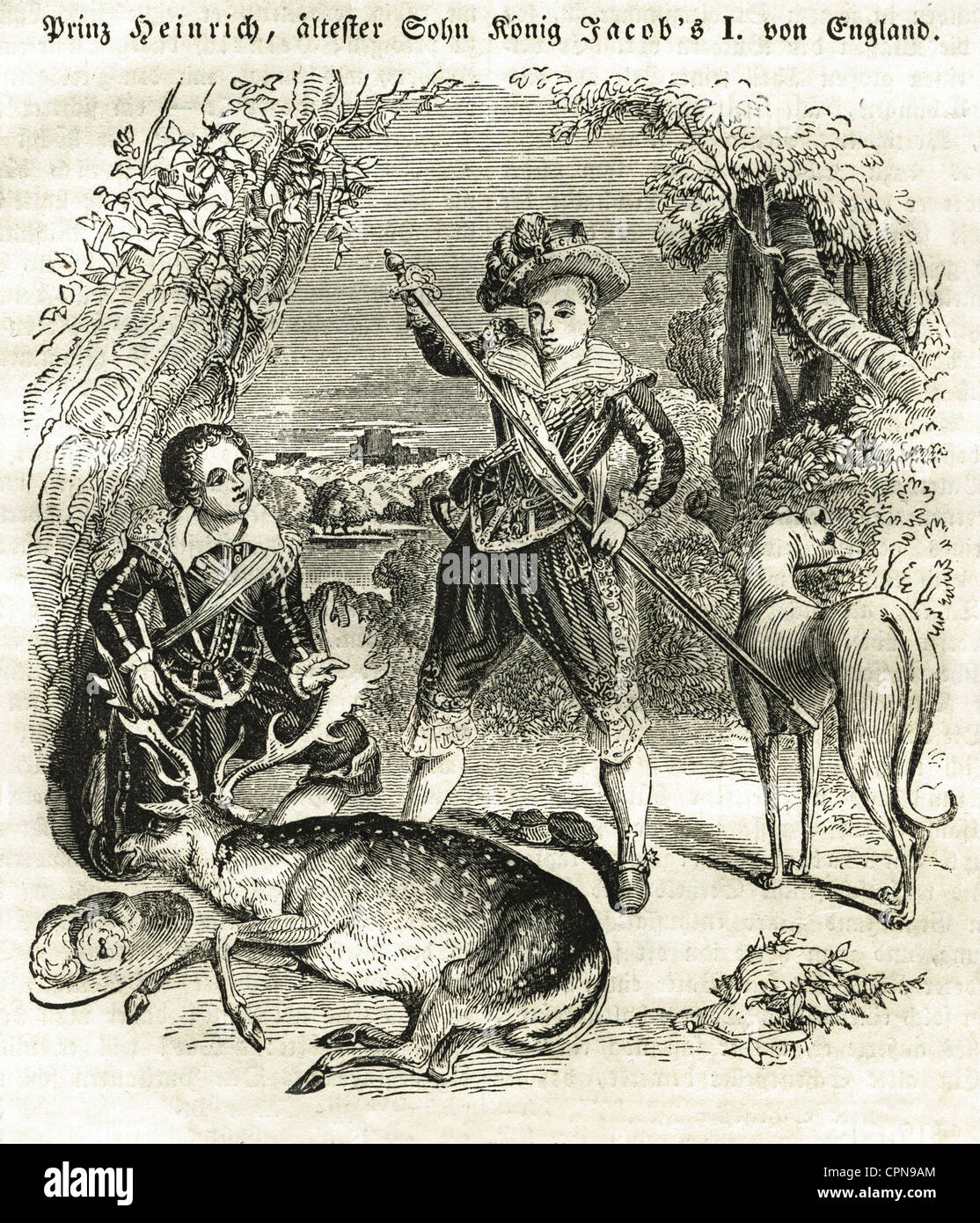 Henry Frederick Stuart, 1594 - novembre 1612, Principe di Galles, a tutta lunghezza, durante la caccia al cervo, circa 1610, incisione in legno di 'AS Heller Magazin', Germania, 1840, Foto Stock