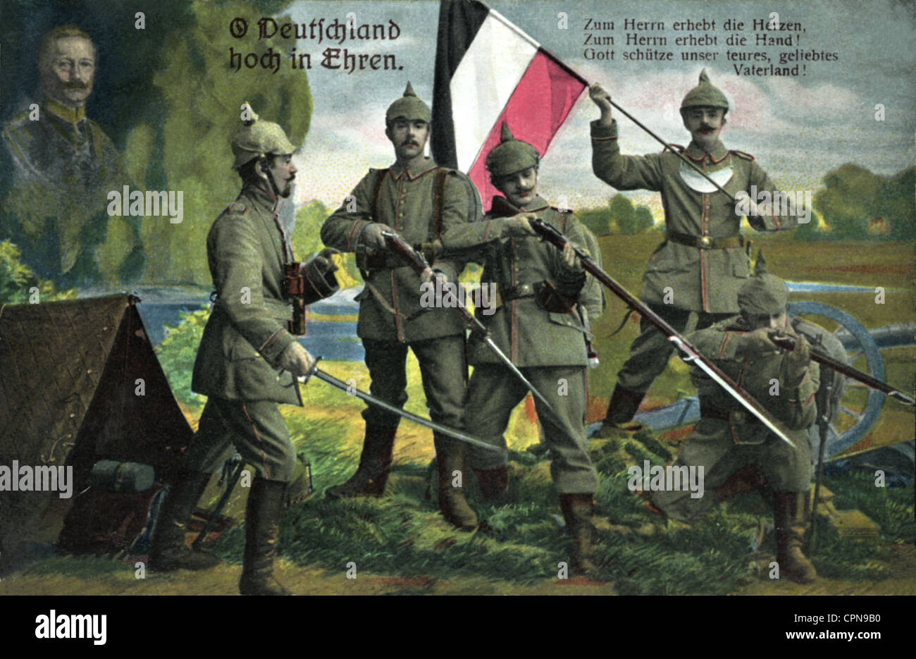 Prima guerra mondiale / prima guerra mondiale, soldati tedeschi, uniforme, fanteria, 'o Deutschland hoch in Ehren', canzone patriottica dal 1858/59, cartolina, Germania, 1915, diritti aggiuntivi-clearences-non disponibile Foto Stock