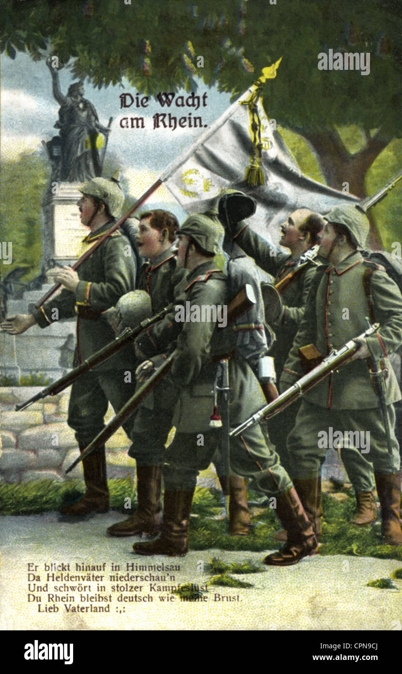 Prima guerra mondiale / prima guerra mondiale, 'Die Wacht am Rhein' (la guardia sul Reno), soldati tedeschi, Germania, 1914, diritti aggiuntivi-clearences-non disponibile Foto Stock