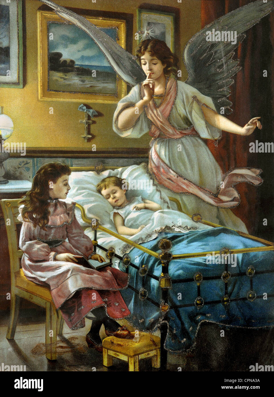 Religione, cristianesimo, angelo, angelo custode che porta il bambino a letto, Germania, circa 1900, diritti aggiuntivi-clearences-non disponibile Foto Stock