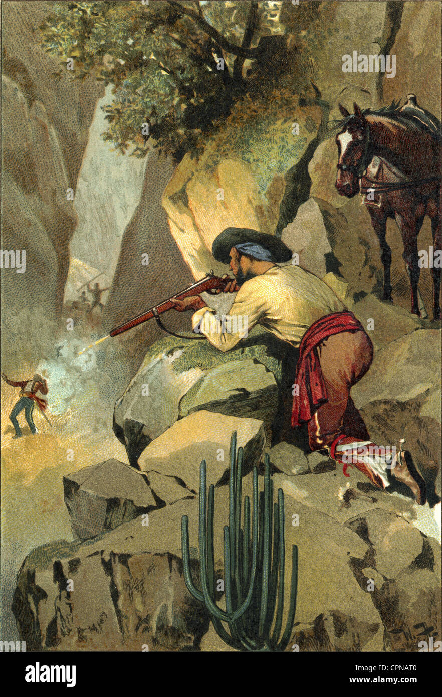 Crimine, imboscata, uomo sparare morti da uno cecchino, agendo in Messico, litografia, Germania, 1896, Additional-Rights-Clearences-non disponibile Foto Stock