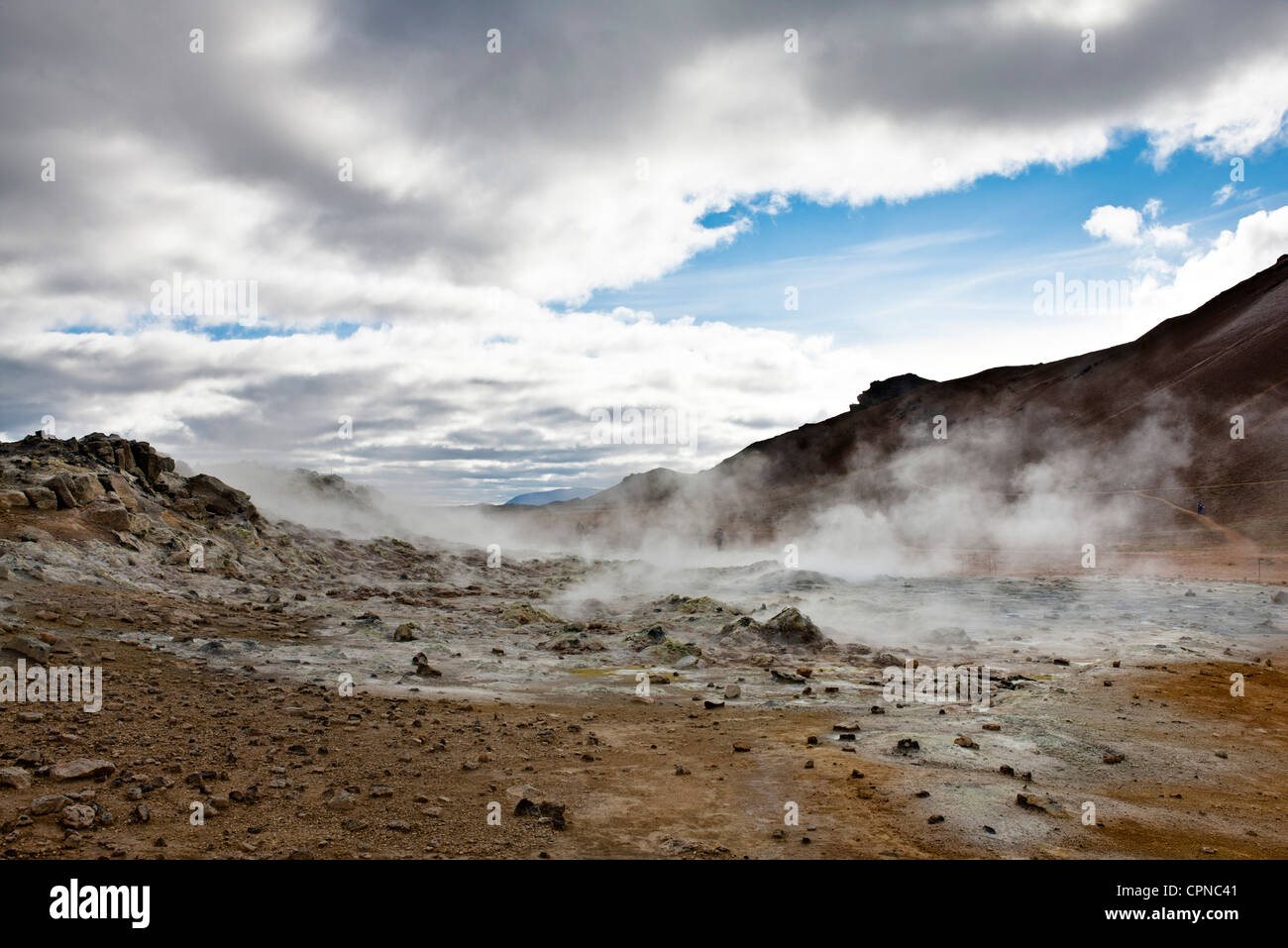 L'Islanda, Namafjall, fumarole e mudpots rilasciando vapore e gas di zolfo Foto Stock