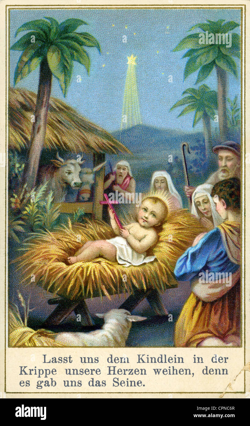 Religione, Cristianesimo, Gesù Cristo, il neonato Gesù che giace nella culla sulla paglia, nota di preghiera, litografia, Germania, 1892, diritti aggiuntivi-clearences-non disponibile Foto Stock