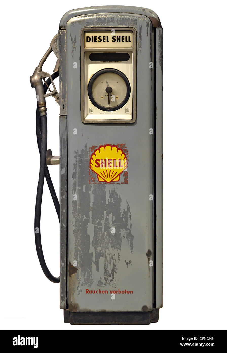 Trasporti / trasporto, auto, stazione di benzina, pompa benzina, shell, diesel, produttore di pompe di benzina Scheidt & Bachmann, Rheydt, Germania, circa 1958, diritti-aggiuntivi-clearences-non disponibile Foto Stock