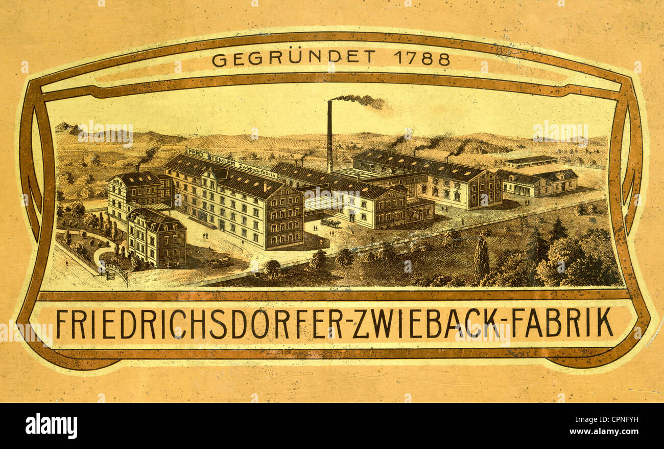 Industria, Friedrichsdorfer Zwieback-Fabrik Ferd. Stemler, fondata nel 1788 da panettiere Christoph Stemler, Friedrichsdorf, Taunus, illustrazione sullo stagno di rusk, Germania, circa 1898, diritti aggiuntivi-clearences-non disponibile Foto Stock