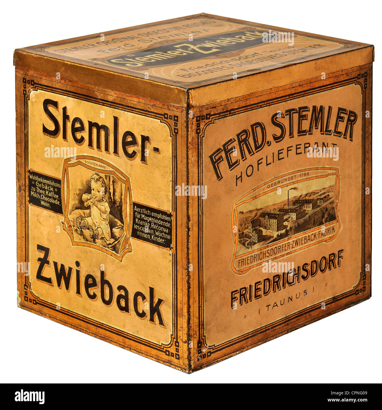 Cibo, torte, scatola di rustici, Friedrichsdorfer Zwieback-Fabrik Ferd. Stemler, fondata nel 1788 da panettiere Christoph Stemler, Friedrichsdorf, Taunus, Germania, circa 1898, diritti aggiuntivi-clearences-non disponibile Foto Stock