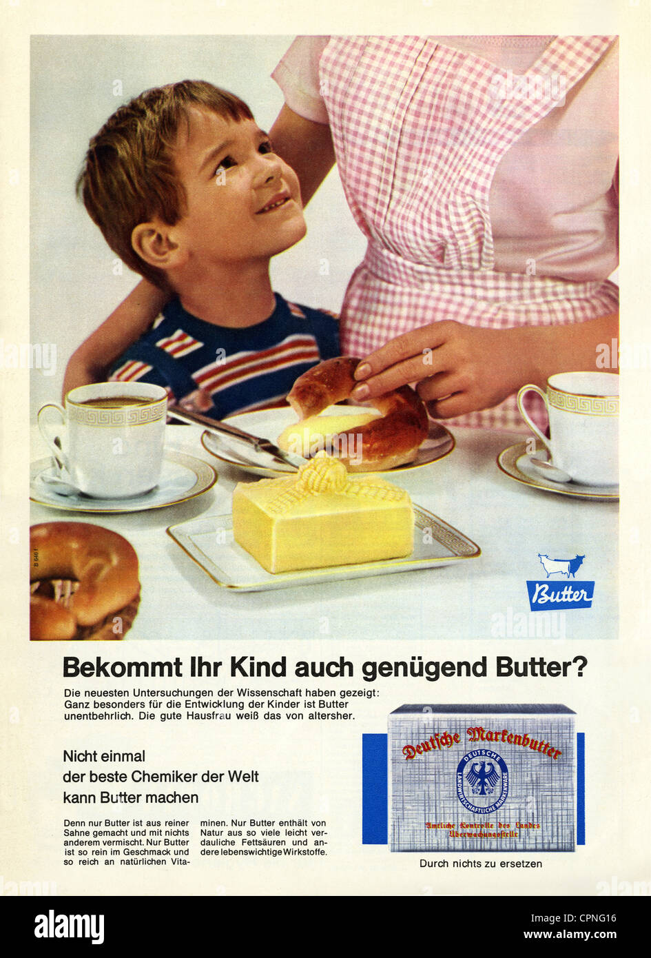 Pubblicità, cibo, burro tedesco di migliore qualità, bambino a tavola prima colazione: Pubblicità, Germania, 1965, diritti-aggiuntivi-clearences-non disponibile Foto Stock