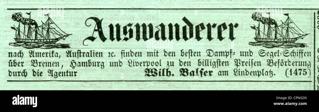 Pubblicità,emigranti,pubblicità nel Giessener Anzeiger dal 30.05.1874,pubblicità per il passaggio in America o Australia via Brema,Amburgo,Liverpool,Germania,1874,con navi a vela,piroscafi,piroscafi,pubblicità,pubblicità,pubblicità,pubblicità,advertising,advertising,iscrizione,iscrizioni,navi,emigrazione,emigrazione,emigrazione,emigrazione,giornali,pubblicità-a-distanza,pubblicità,giornali,pubblicità-19esimo secolo,non-sono disponibili,pubblicità,pubblicità,emigrati,emigrati,giornali,emigrati,pubblicità,giornali,emigrati-via Foto Stock
