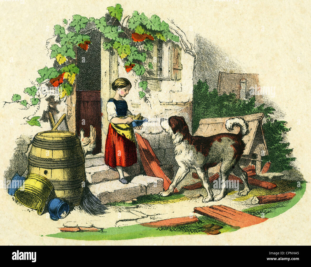 Persone, ragazza che alimenta il suo cane, incisione colorata in legno, Germania, circa 1865, diritti aggiuntivi-clearences-non disponibile Foto Stock
