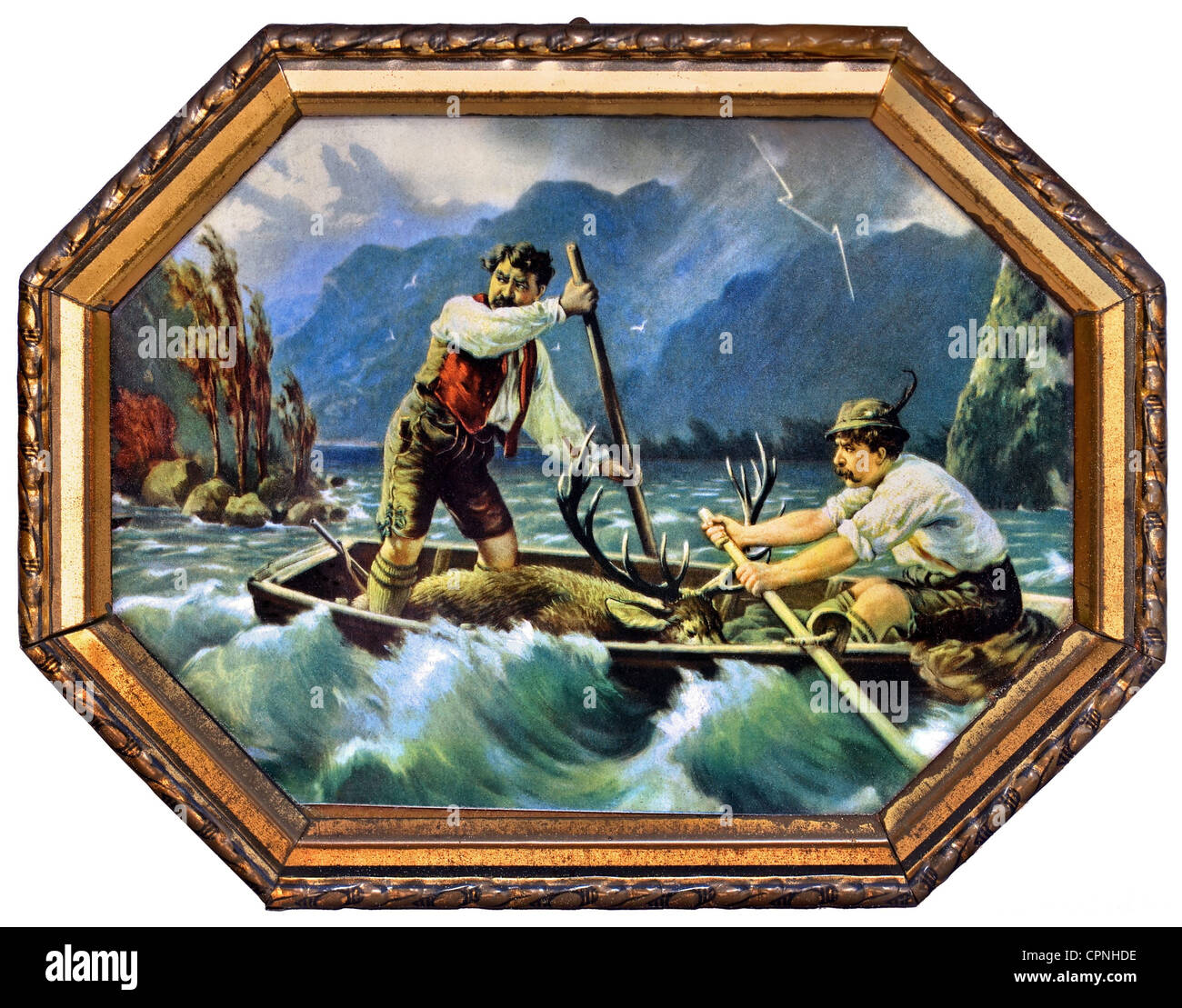 Caccia, scena di caccia, due bracchini in fuga con un cervo in una barca a remi, foto sul muro, Baviera, Germania, circa 1912, diritti aggiuntivi-clearences-non disponibile Foto Stock