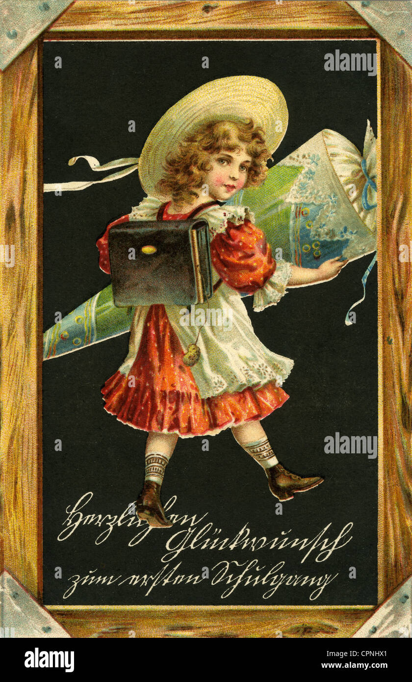 Pedagogia, scuola, primo giorno scolastico, scolastica con schultuete, auguri per il primo giorno di scuola, litografia, cartolina, Germania, circa 1924, diritti aggiuntivi-clearences-non disponibile Foto Stock