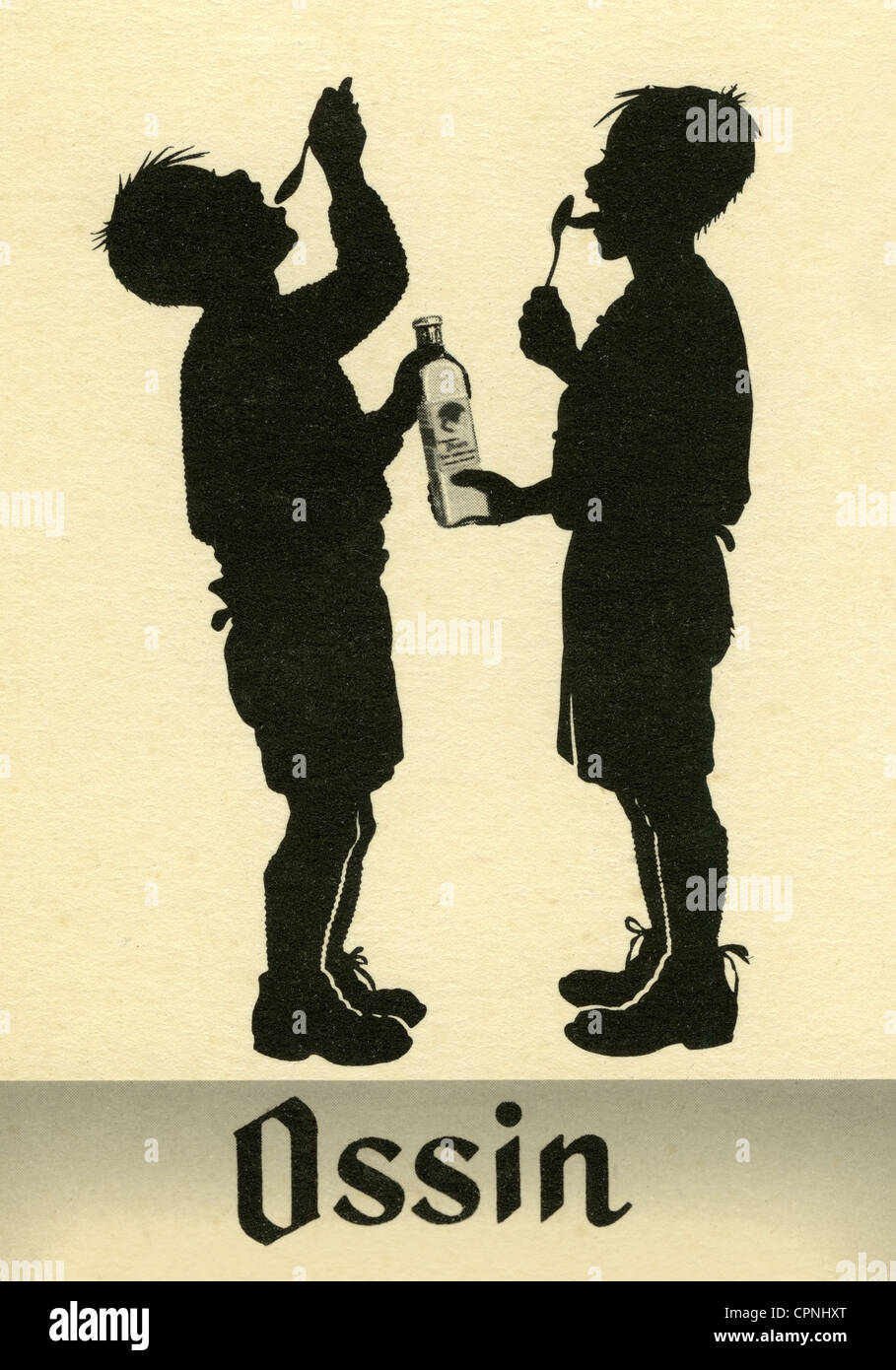 Pubblicità, cibo, olio di fegato di codrillo del marchio Ossin Eierlebertran emulsione, cartolina pubblicitaria, 1932, diritti aggiuntivi-clearences-non disponibile Foto Stock