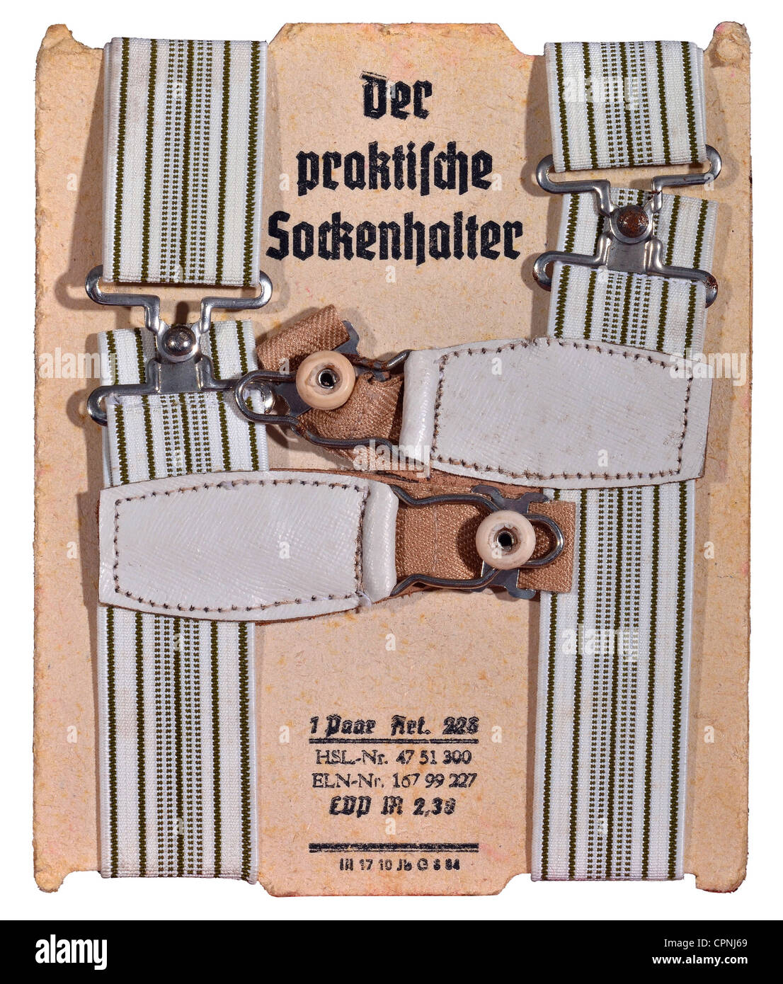 Moda, calzino sospensivo, contro calze scivolanti, 'der praktische Sockenhaler', 1 coppia, imballaggio originale, prezzo di vendita consigliato: 2,30 Mark, Germania Est, circa 1952, Additional-Rights-clearences-not available Foto Stock