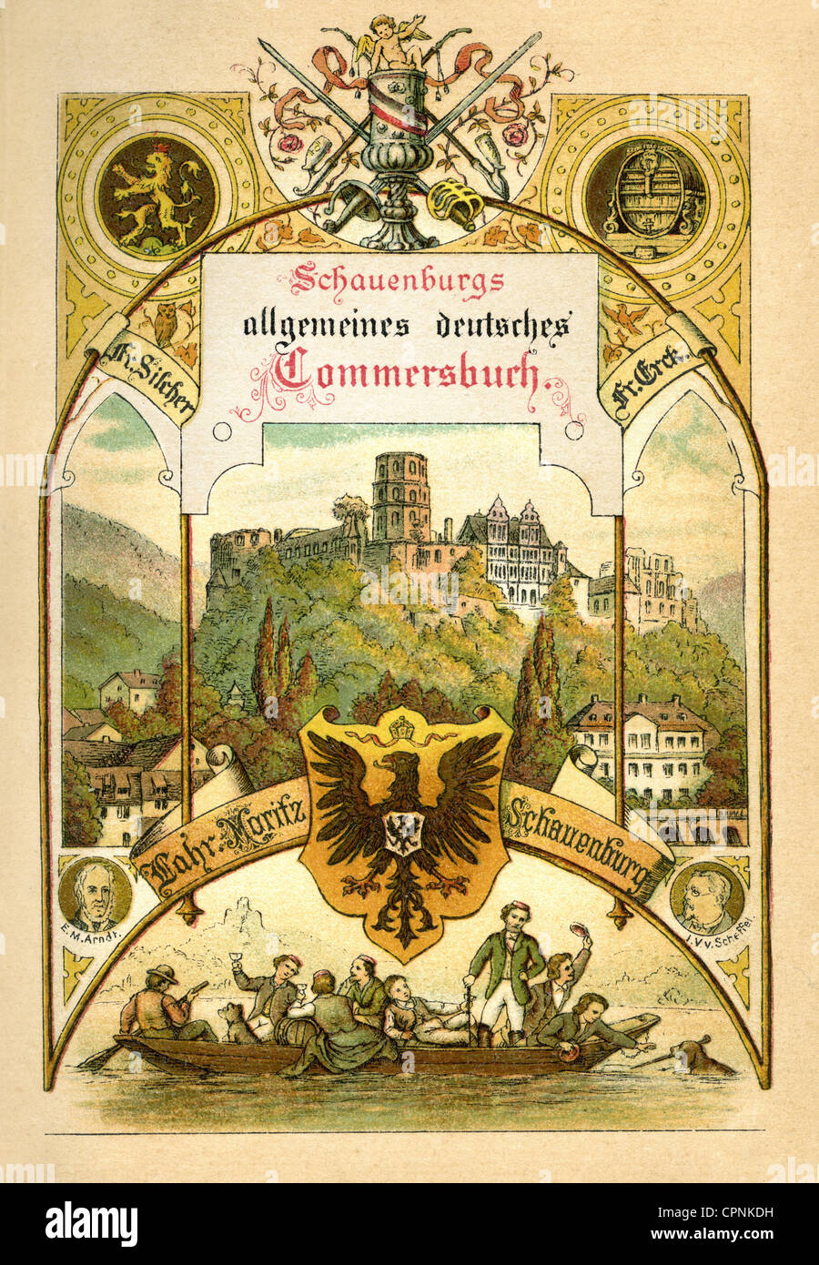 Musica, libro di canzoni, canzoni studentesche, 'Schauenburgs allgemeines Deutsches Kommersbuch', copertina interna dell'edizione anniversario, Lahr, casa editrice di Moritz Schauenburg, a quel tempo molto famoso libro con testi studenteschi, musica di Friedrich Silcher e Friedrich Erck, canzone, Germania, 1888, Additional-Rights-Clearences-Not Available Foto Stock