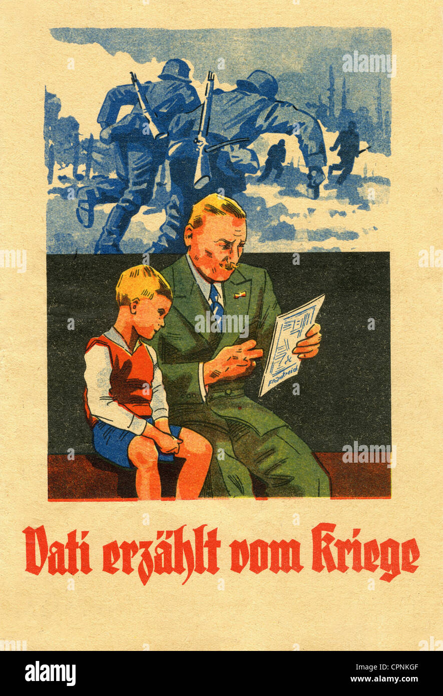 Pedagogia, casa parentale, 'Vati erzaehlt vom Kriege' (il padre sta raccontando della guerra), piccolo opuscolo, con quelle le esperienze di guerra del padre dalla prima guerra mondiale dovrebbe essere raccontata con illustrazioni ai bambini a quel tempo, Germania, circa 1932, Additional-Rights-Clearences-non disponibile Foto Stock
