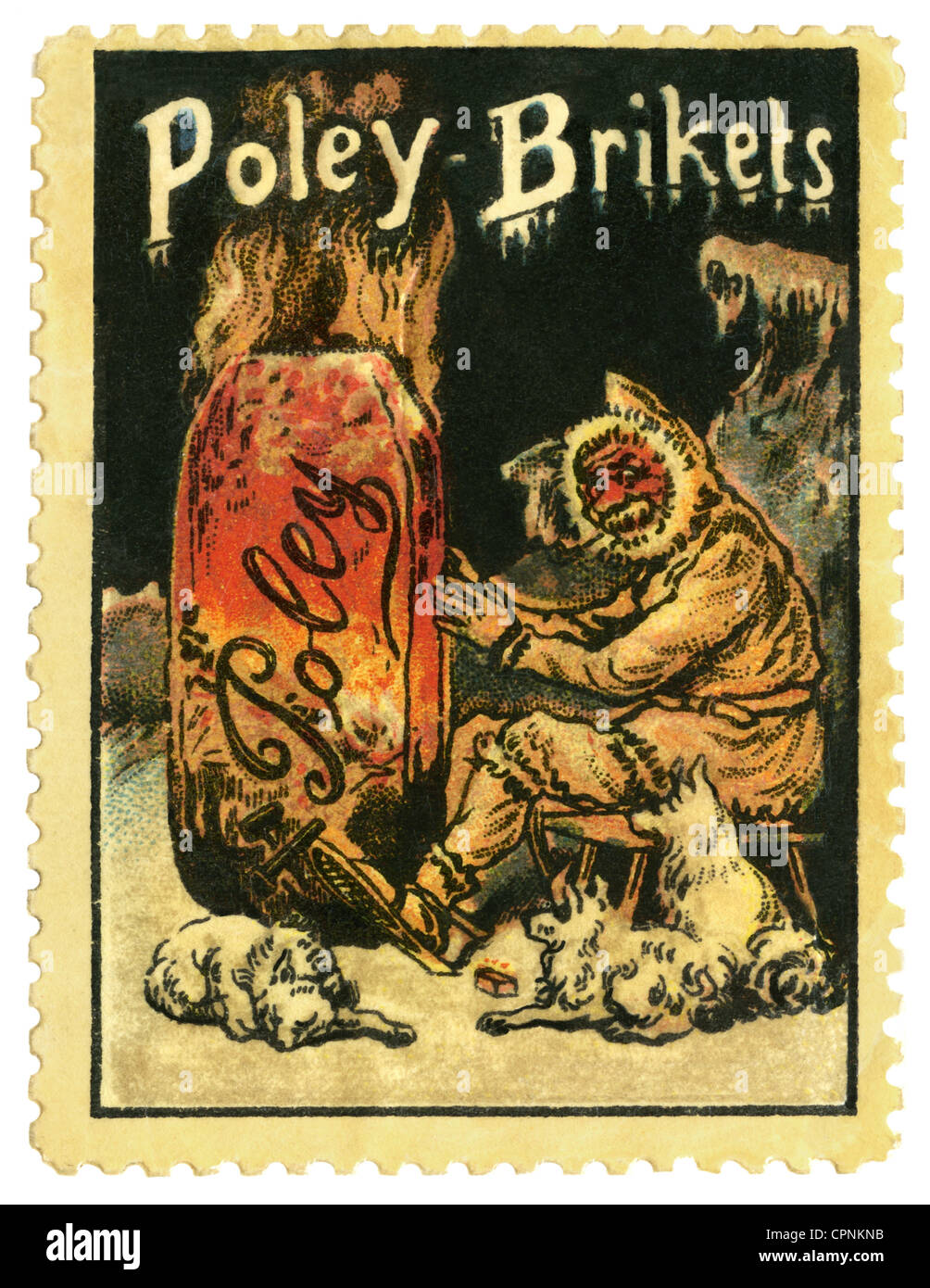 Pubblicità, carbone, palo carbone-polvere mattone, carbone-polvere mattone del marchio Poley, poster timbro, artic explorer si sta riscaldando con la bacca, scherzando suggerimento sulla prima gara al Polo Sud, Germania, circa 1912, Additional-Rights-Clearences-non disponibile Foto Stock