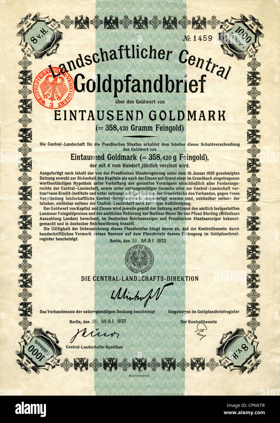 Denaro / finanze, azioni, oro bond, Landwirtschaftlicher Central Goldpfandbrief sul valore in contanti di un migliaio di oro (= 358, 420 grammi di oro fine), obbligazioni collaterizzate con oro, 8 per cento di interesse, emissione da parte del Central-Landschaft per lo Stato prussiano, Berlino, il cosiddetto Central-Landschaft è stato un istituto di credito, Germania, 1925, Diritti-aggiuntivi-clearences-non-disponibili Foto Stock