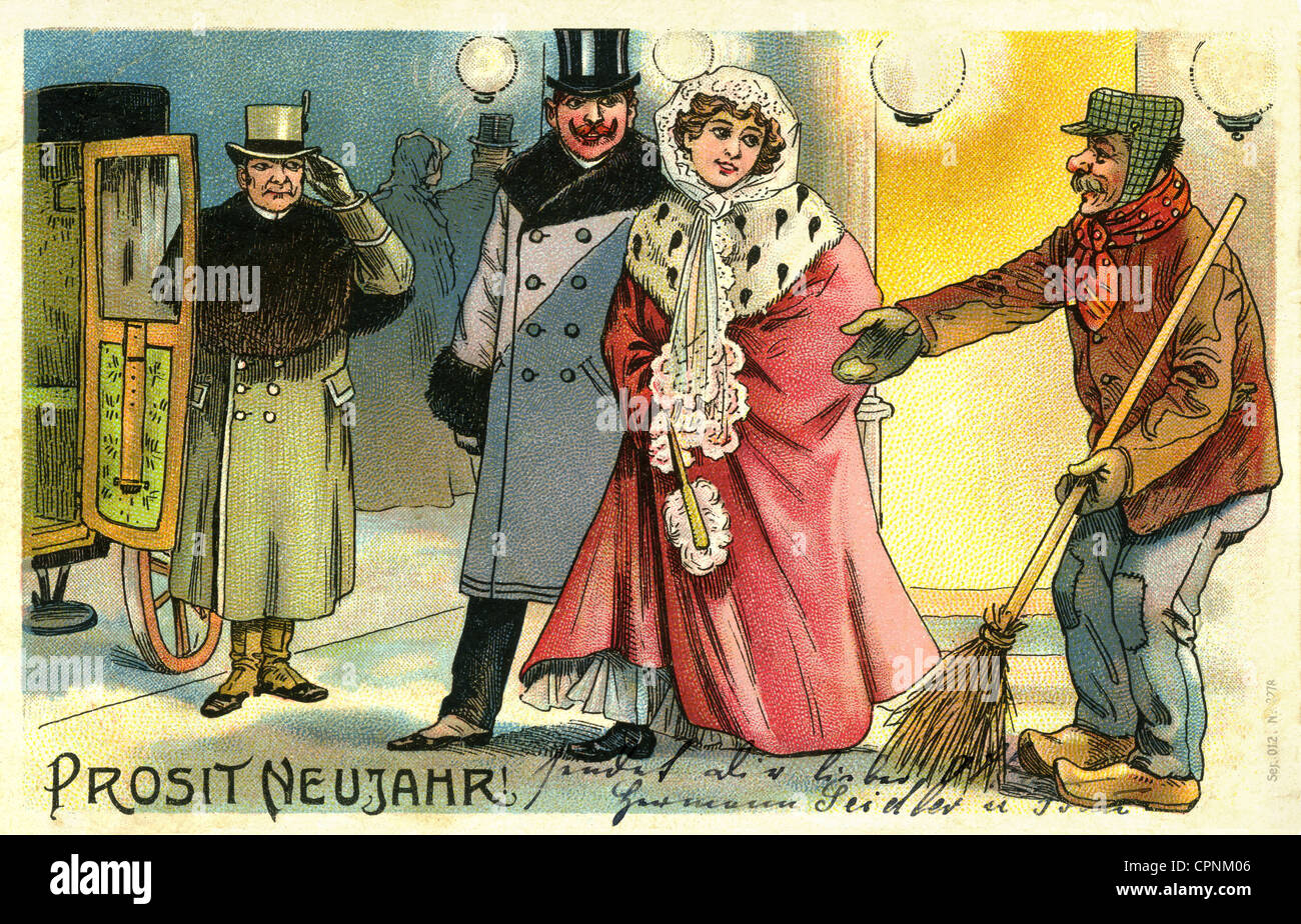 Società, 'Prsit Neujahr!' (Felice anno nuovo), spazzatrice di strada augura un felice anno nuovo ad una coppia ricca, pregando per soldi, carta di Capodanno, litografia, Germania, circa 1903, diritti aggiuntivi-clearences-non disponibile Foto Stock