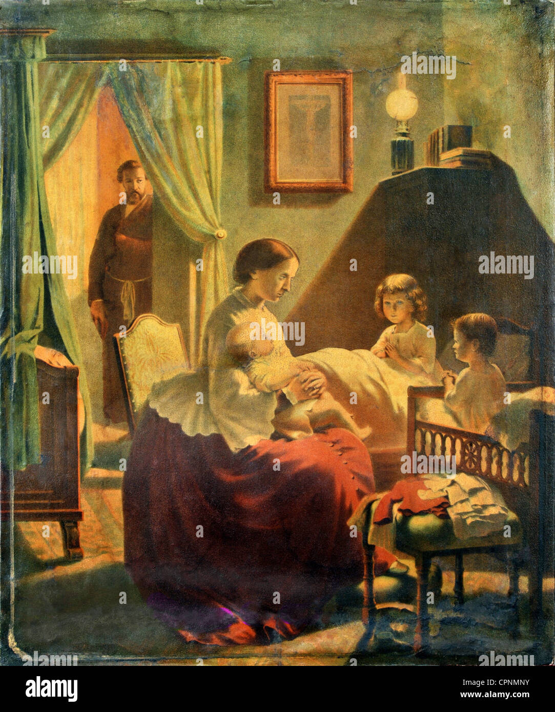 Religione, cristianesimo, preghiera, madre che porta i suoi figli a letto, pregare insieme, quadro in cornice, stampa petrolifera, Germania, circa 1875, diritti aggiuntivi-clearences-non disponibile Foto Stock