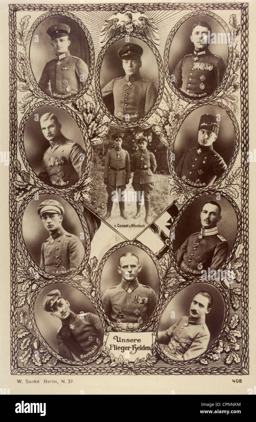 Prima guerra mondiale / prima guerra mondiale, Germania, i nostri eroi volanti, famosi piloti di combattimento nella prima guerra mondiale: Kurt Wintgens (1894-1916), Oswald Boelcke (1891-1916), Max Immelmann (1890-1916), Max Ritter von Mulzer (1893-1916), Maximilian von Cossel (1893-1967), Rudolf Windisch (1897-1918), Hans Joachim Buddecke (1890-1918), Ernst Freidelaus von Althnau (1917-1918), Walter-1916-1893-1890, Walter-1920-1891, Schulen-1917, Schulen-1892-1946, Schulen-1890, Schulen- , Walthnen- , Walthnen- , Walthnen- , Walthnen- , Walthnen- , Walthnen Foto Stock