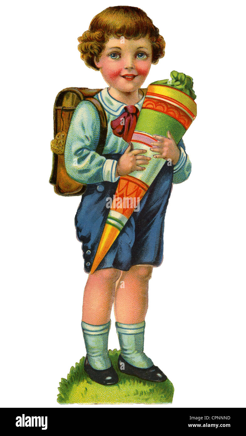 Pedagogia, scuola, scolaro con schultuete, rottame, litografia, Germania, circa 1927, diritti aggiuntivi-clearences-non disponibile Foto Stock