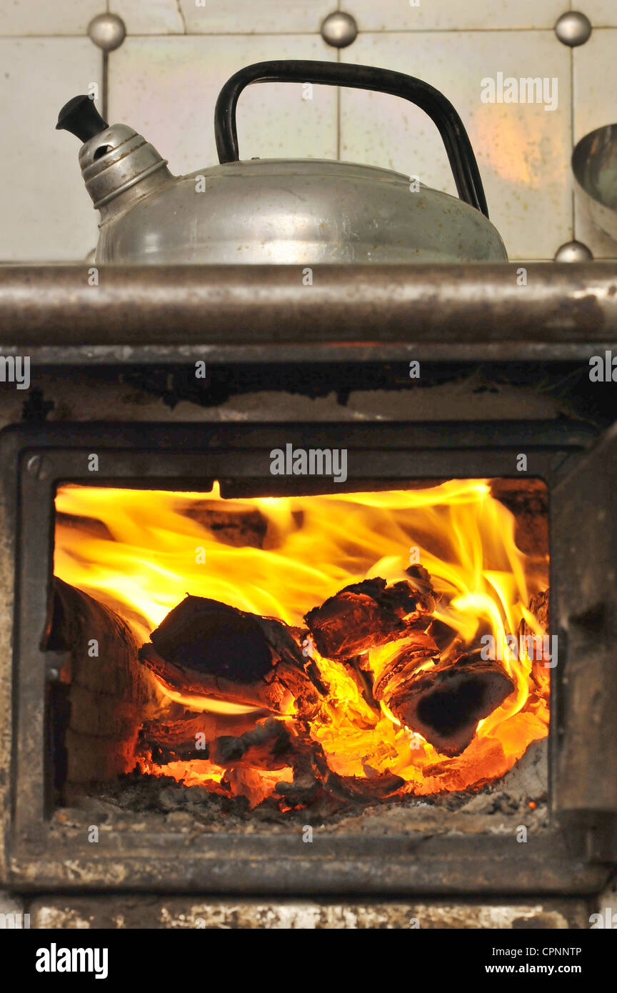 Fire, caminetto, bollitore sulla suola, il fuoco nella stufa, Tino dal periodo circa 1900, Germania, Additional-Rights-Clearance-Info-Not-Available Foto Stock
