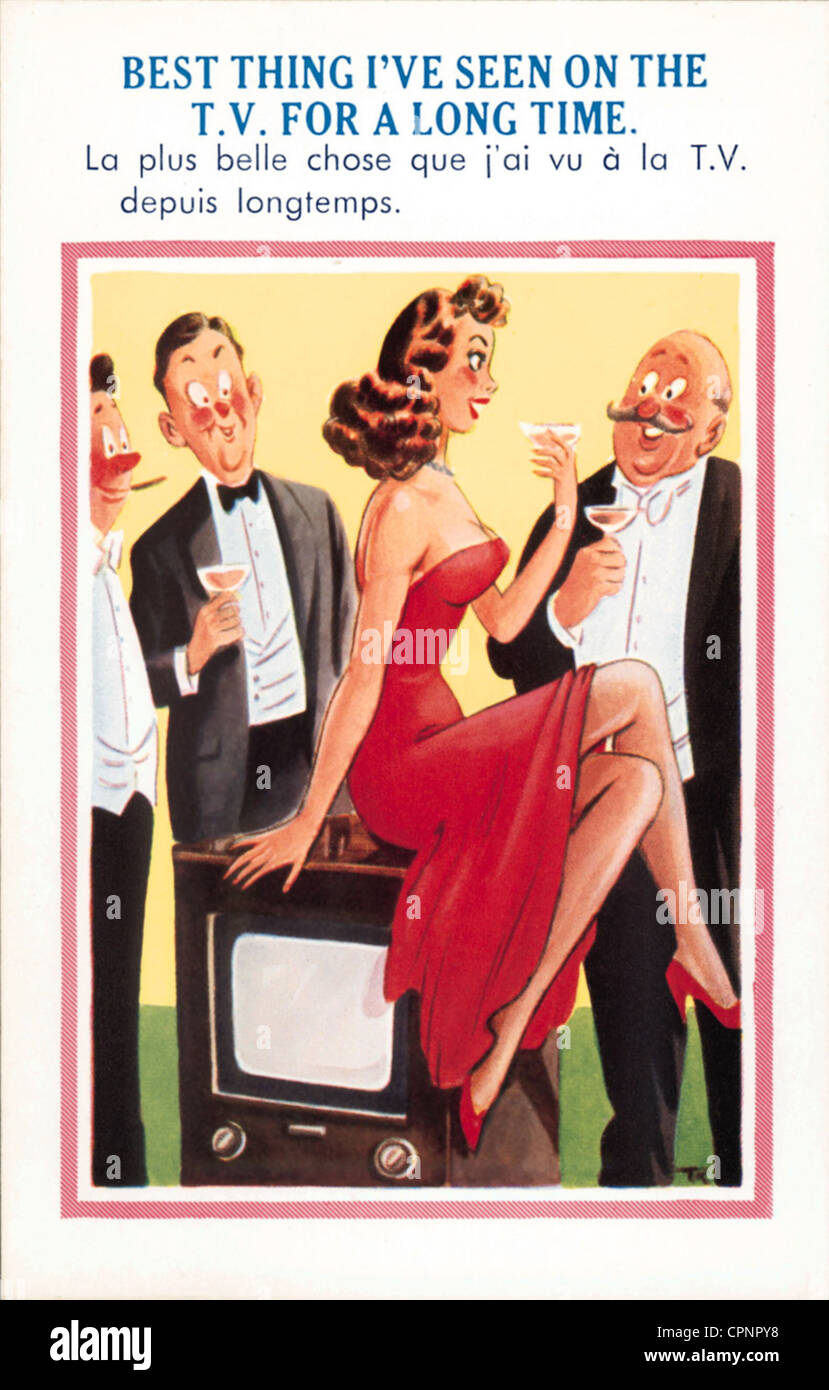 Caricature, televisione, donna seduta su televisore, in conversazione con signori, cartolina, Gran Bretagna, 1949, diritti aggiuntivi-clearences-non disponibile Foto Stock