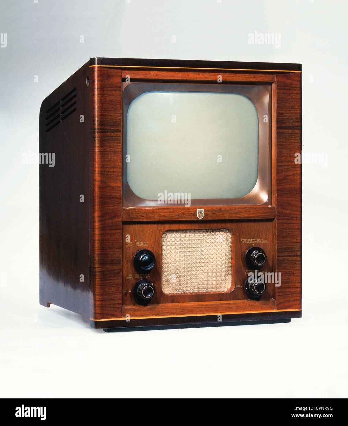 Broadcast, televisione, televisore Philips TD 1410 U, soprannome: Speed trap  (a causa dello stile del telaio), una delle prime unità da tavolo del  dopoguerra, dimensioni dello schermo: 36 centimetri di diagonale, prezzo